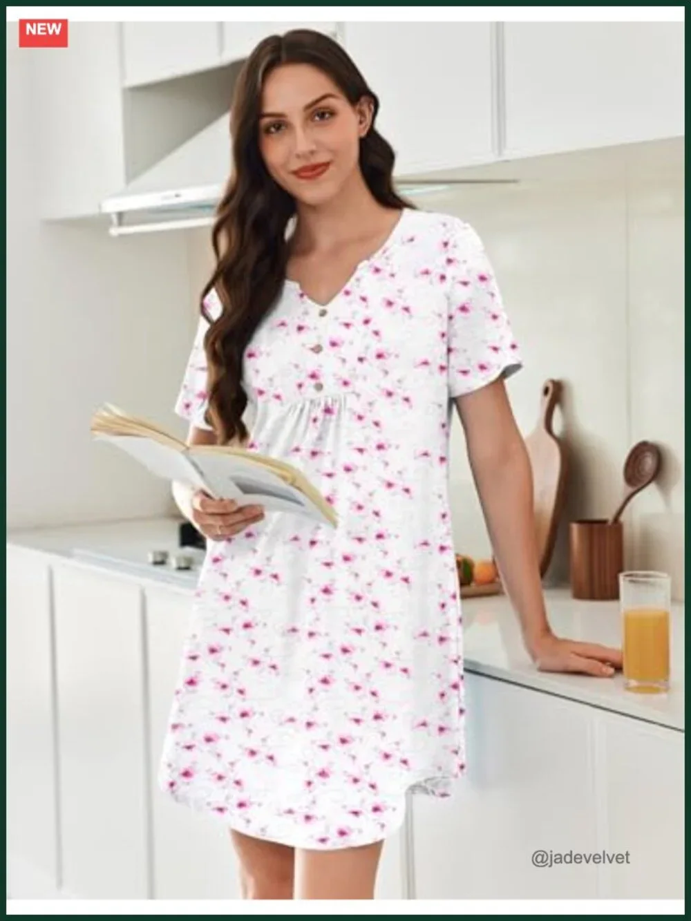 Women's Cotton Nightgown Pleated Henley V-Neck Sleepshirt Short Sleeve